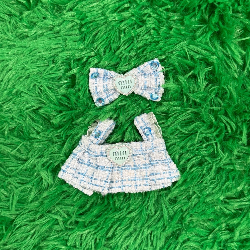 NWT Labubu Bowtique Blue Tweed Pearl Embellished Bow Dress Set Doll Apparel OS